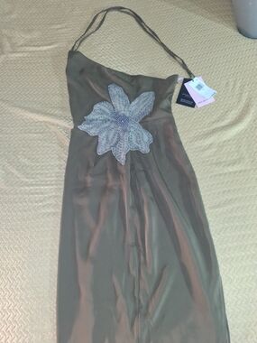 Avec Les Filles Olive Green Halter Maxi Dress with Beaded Floral Appliqué